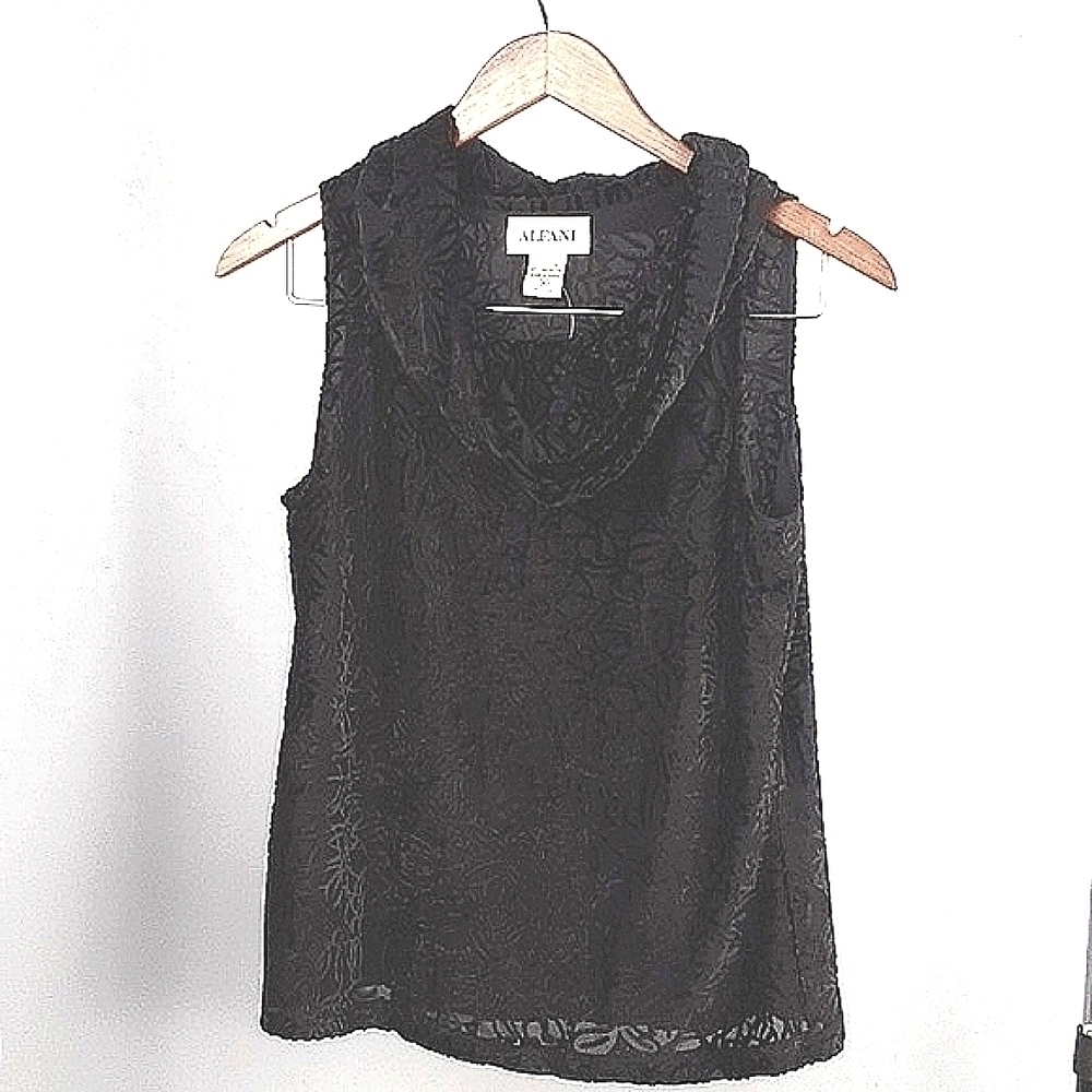 Alfani Sheer Floral Burnout Cowl Neck Sleeveless Black Top